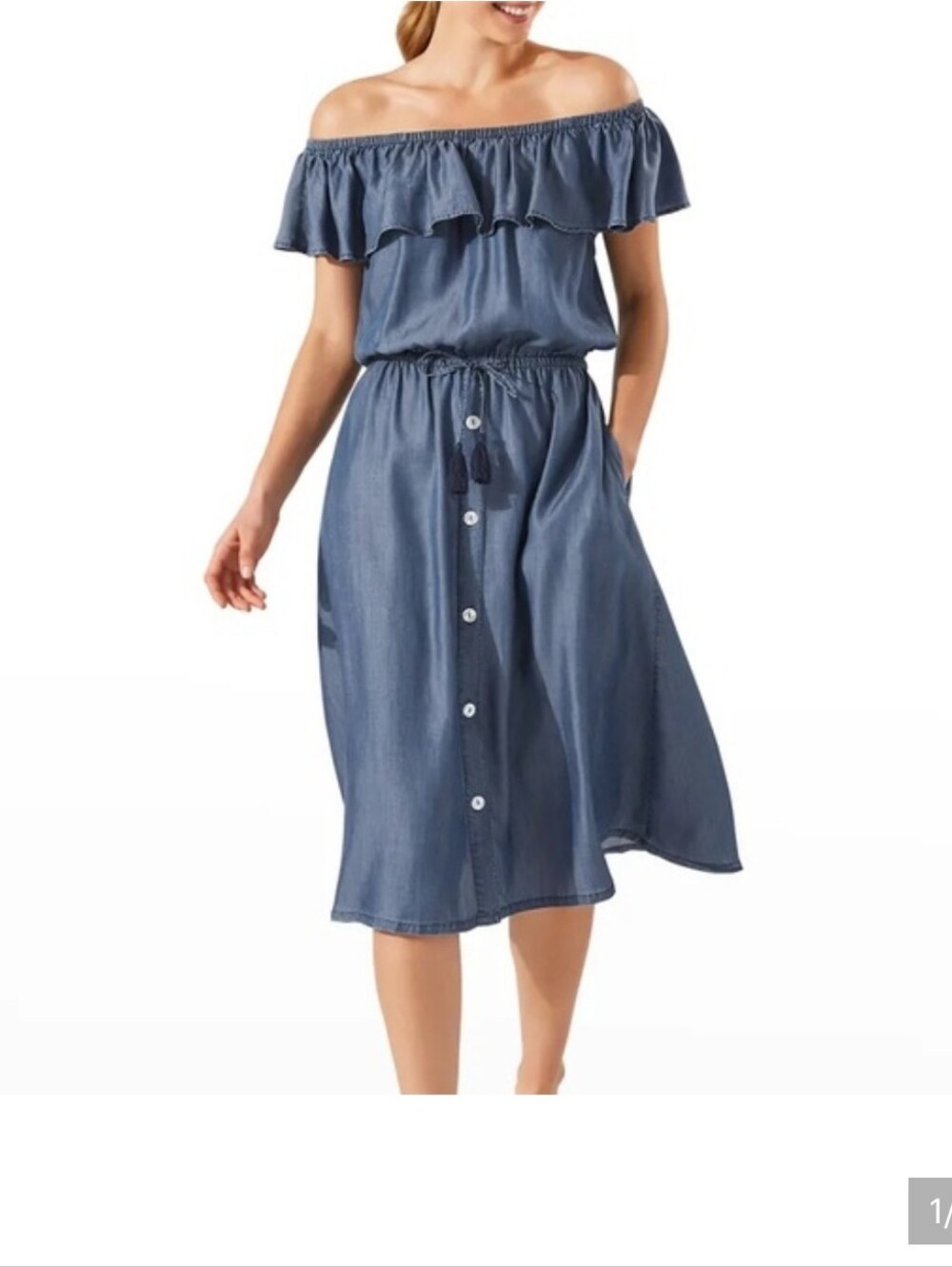 Tommy Bahama Blue Chambray Off-Shoulder Midi Dress - Size Small